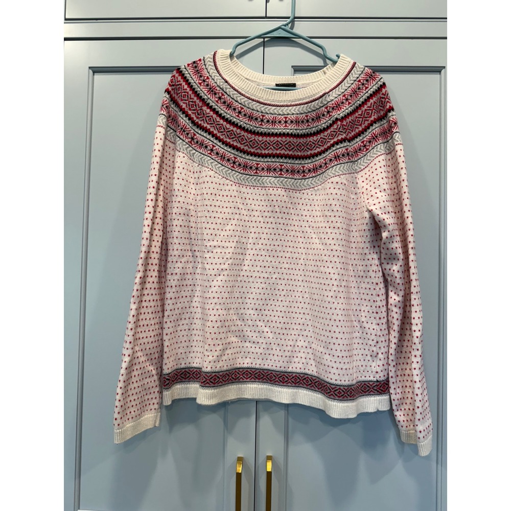 Talbots Womens XL Fair Isle Lambswool Blend Sweater Ivory Heart Knit Pullover‎